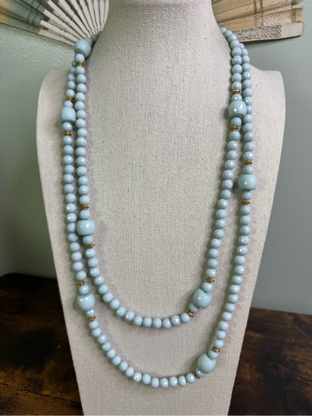 Light Blue Beaded Long Necklace with Gold Accents - Classic Elegance